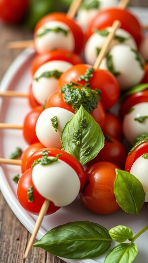 A platter of Caprese skewers with cherry tomatoes, mozzarella balls, and pesto drizzle.