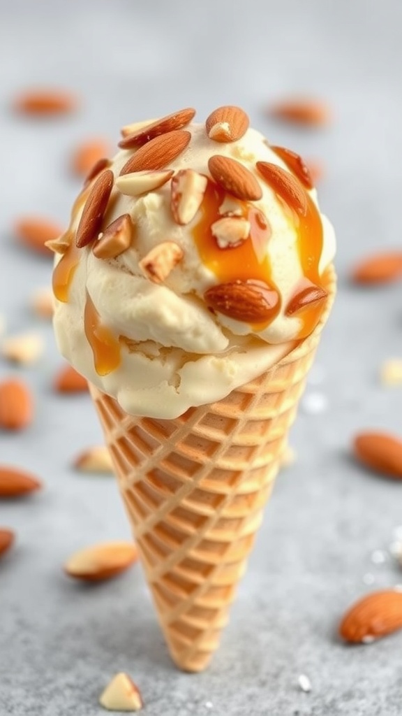 A cone of caramelized almond ice cream topped with sliced almonds and caramel sauce.