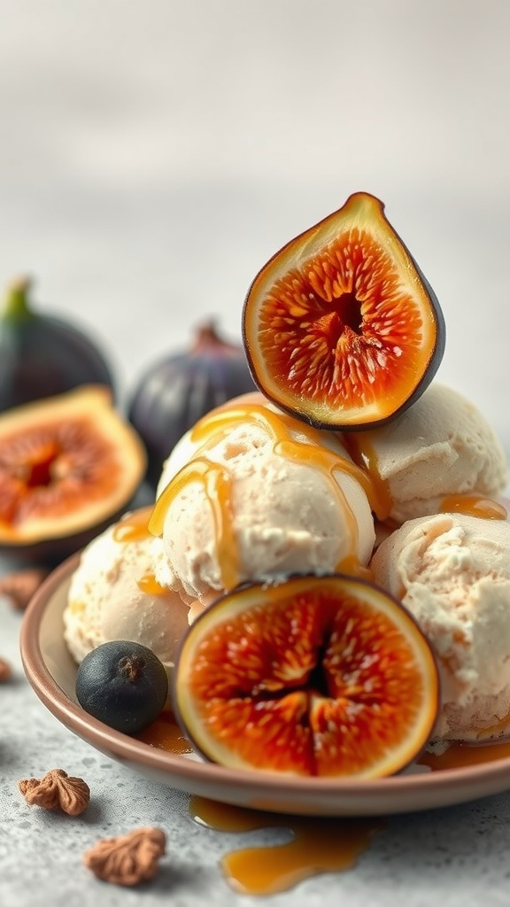 Scoops of ice cream topped with caramelized figs and drizzled with caramel.