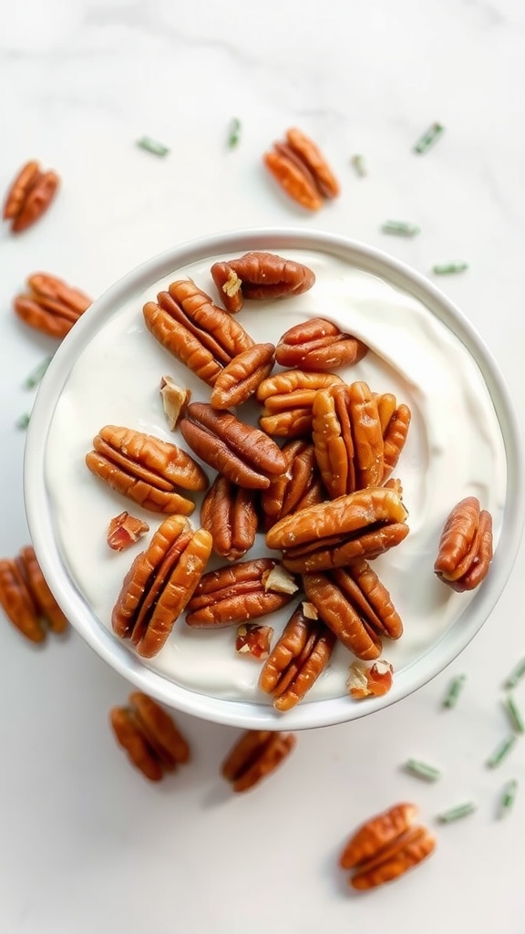 A bowl of yogurt topped with caramelized pecans on a marble surface.