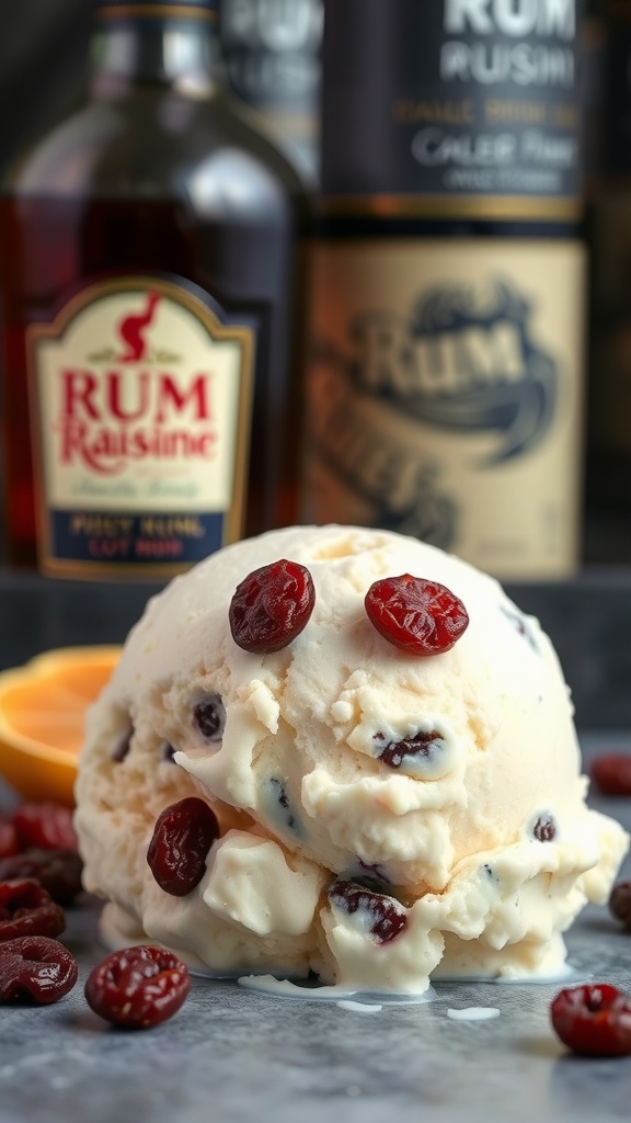 A scoop of Caribbean Rum Raisin ice cream with raisins, next to bottles of rum.