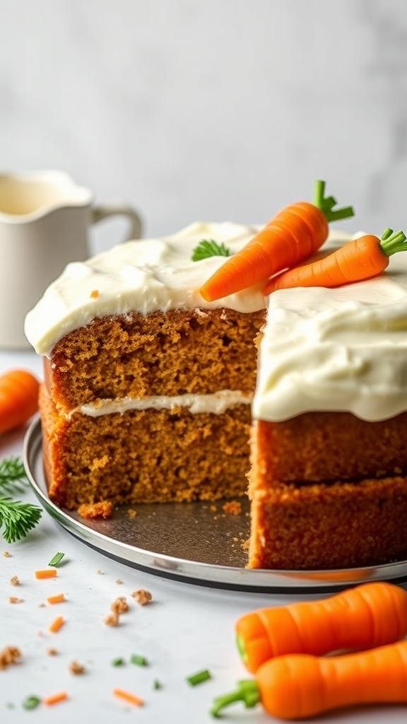 A delicious carrot cake with cream cheese frosting, topped with mini carrots.