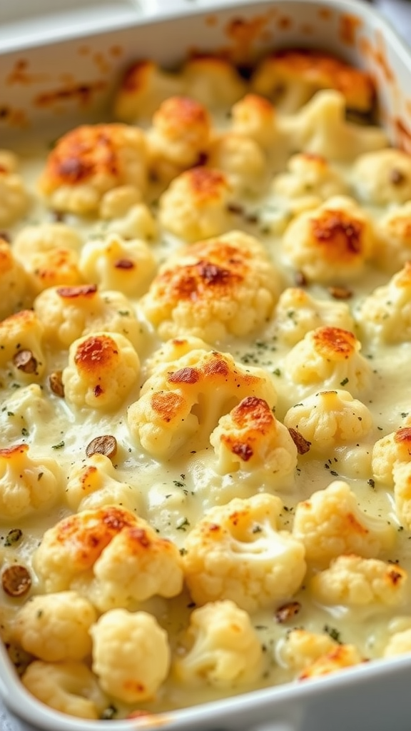 A creamy cauliflower au gratin baked with a golden-brown cheese topping.