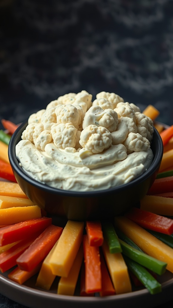 A bowl of creamy cauliflower dip shaped like a brain, surrounded by colorful vegetable sticks.