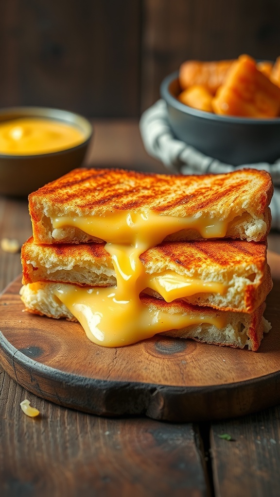 A delicious grilled cheese sandwich made with cauliflower bread, featuring gooey melted cheese and served on a wooden board.