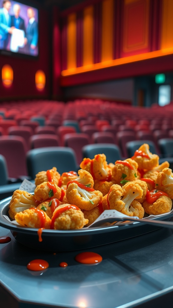 A plate of cauliflower buffalo bites drizzled with sauce in an empty movie theater.