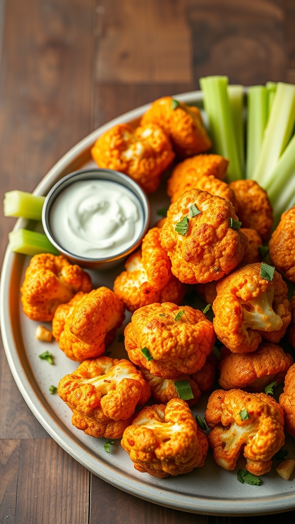 A plate of crispy cauliflower buffalo bites with celery sticks and a small bowl of ranch dressing.