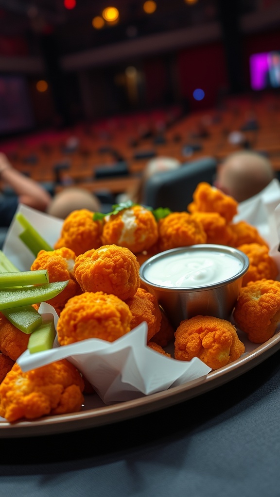 A plate of cauliflower buffalo bites with celery sticks and ranch dip, set in a concert venue.