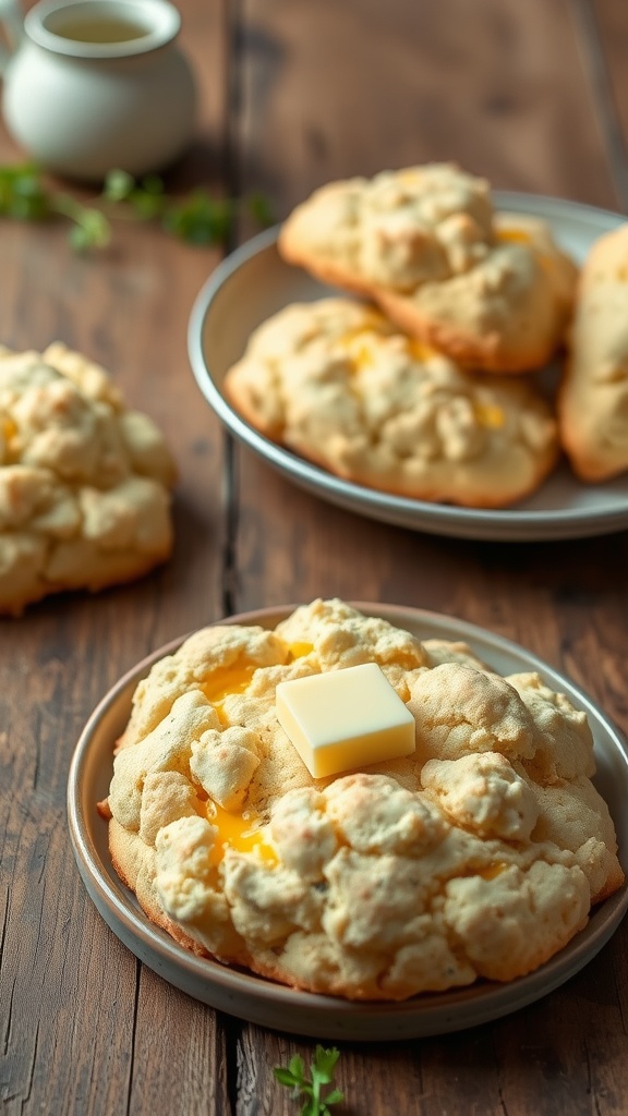 Cauliflower cheese scones with butter on top, served on a plate.