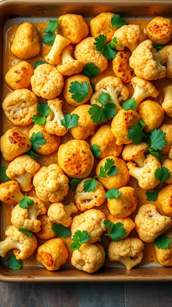 A vibrant dish featuring roasted cauliflower and chicken pieces garnished with fresh herbs.