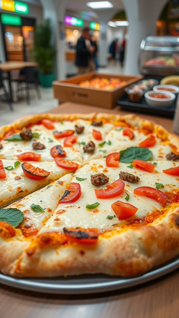 A delicious cauliflower crust pizza topped with tomatoes and melted cheese.