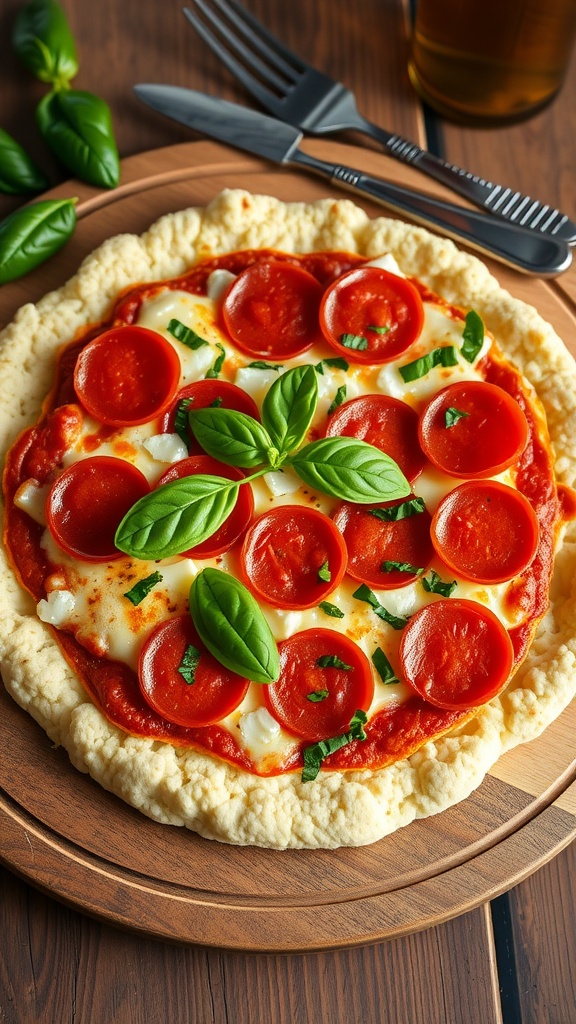 Cauliflower crust pizza topped with pepperoni and fresh basil on a wooden plate