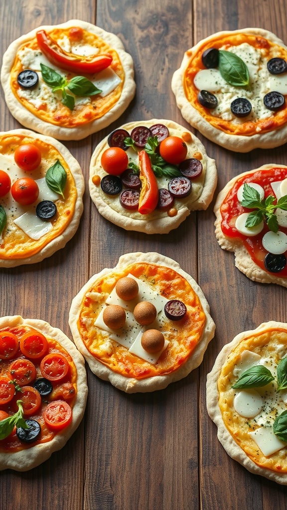 A variety of mini pizzas with cauliflower crust topped with tomatoes, cheese, and herbs.