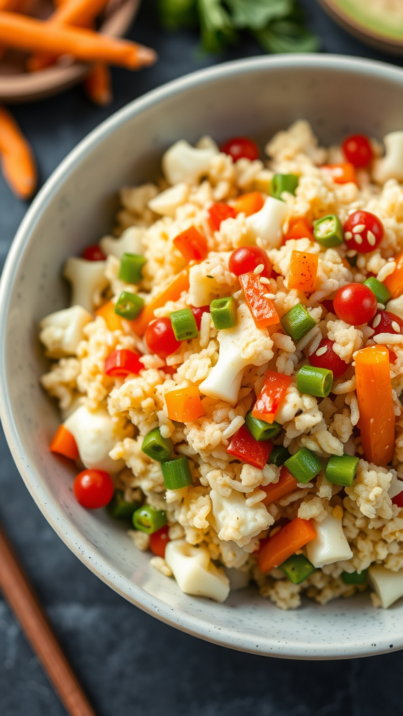 Bowl of cauliflower fried rice with colorful vegetables