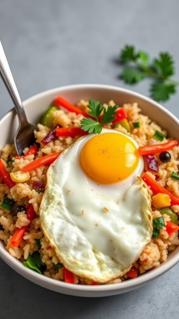 A bowl of cauliflower fried rice topped with a fried egg, colorful vegetables, and a fork.