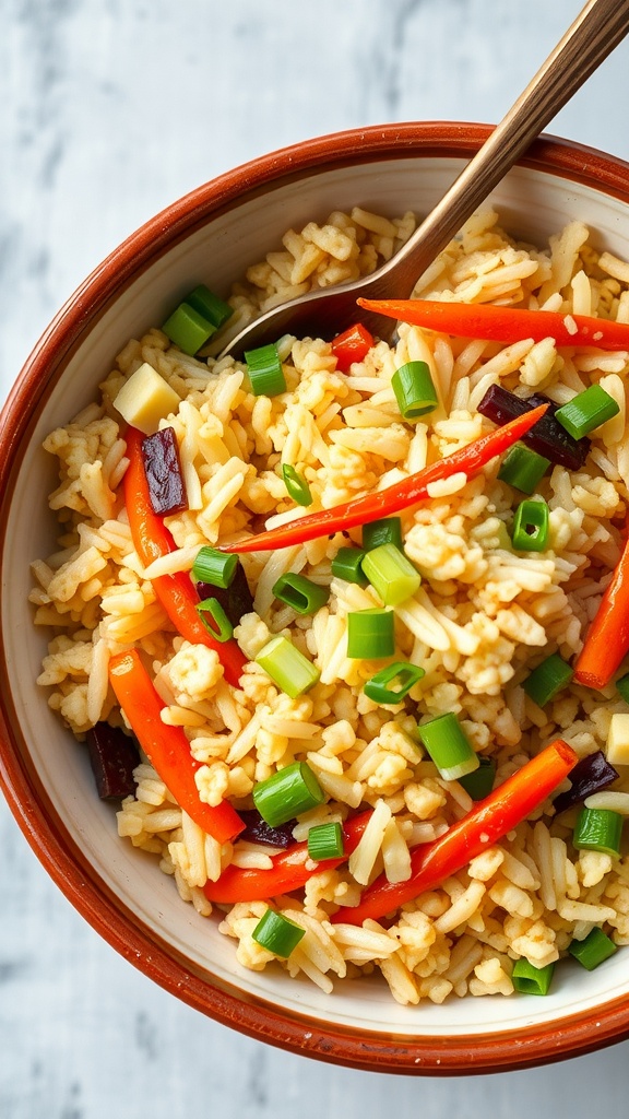 A bowl of cauliflower fried rice with colorful vegetables and green onions.