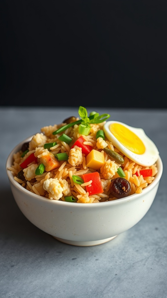 A bowl of cauliflower fried rice with colorful vegetables and a sliced boiled egg on top.