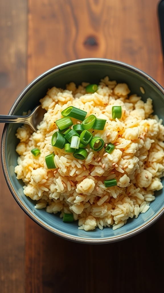 A bowl of cauliflower fried rice topped with green onions.