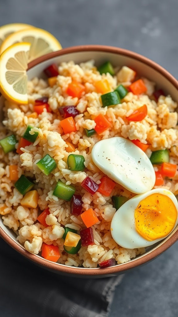 A bowl of cauliflower fried rice with mixed vegetables and boiled eggs on top, garnished with lemon slices.