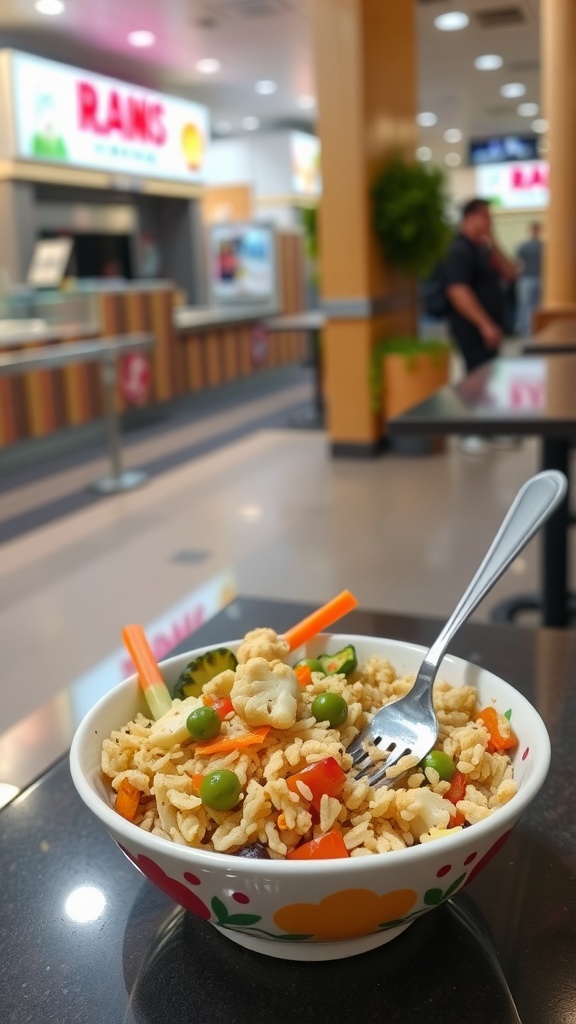 A bowl of cauliflower fried rice with vegetables and a fork resting on it, set in a food court environment.