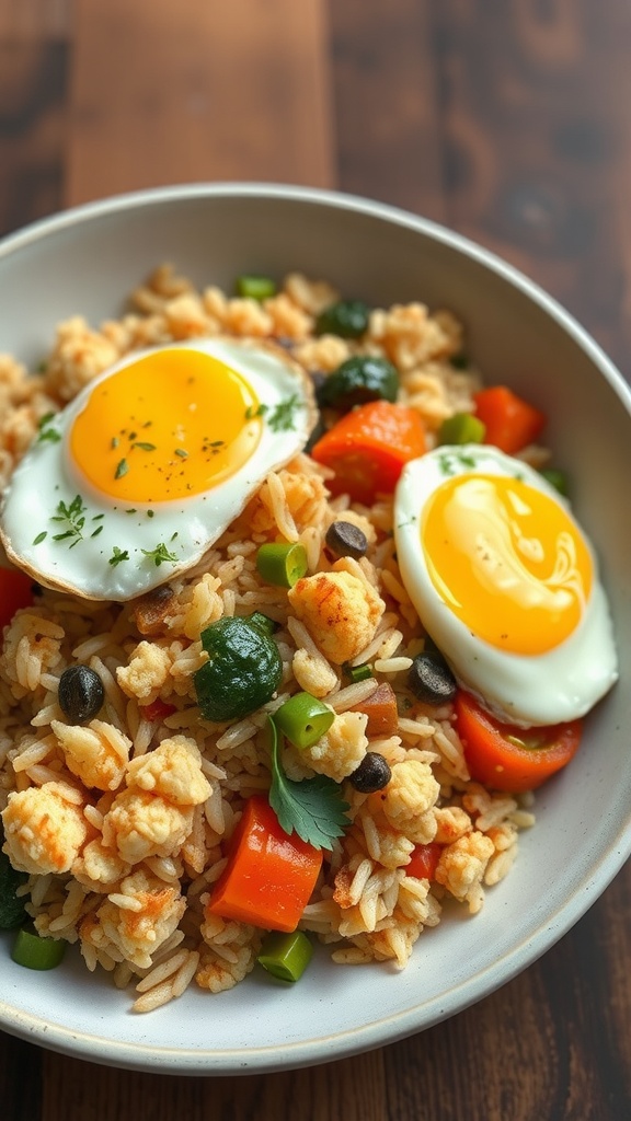 A bowl of cauliflower fried rice with vegetables and eggs on top.