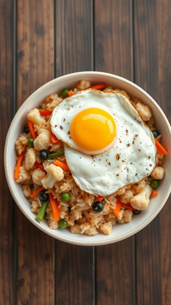 A bowl of cauliflower fried rice topped with a fried egg and colorful vegetables.