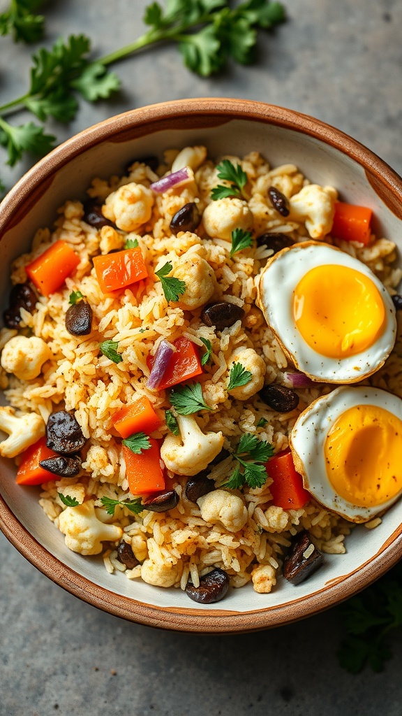 A bowl of cauliflower fried rice with vegetables and soft-boiled eggs on top