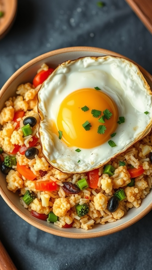 A bowl of cauliflower fried rice topped with two sunny-side-up eggs and colorful vegetables.