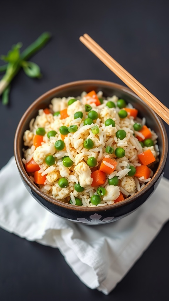 A bowl of cauliflower fried rice with peas and carrots, served with chopsticks on a napkin.