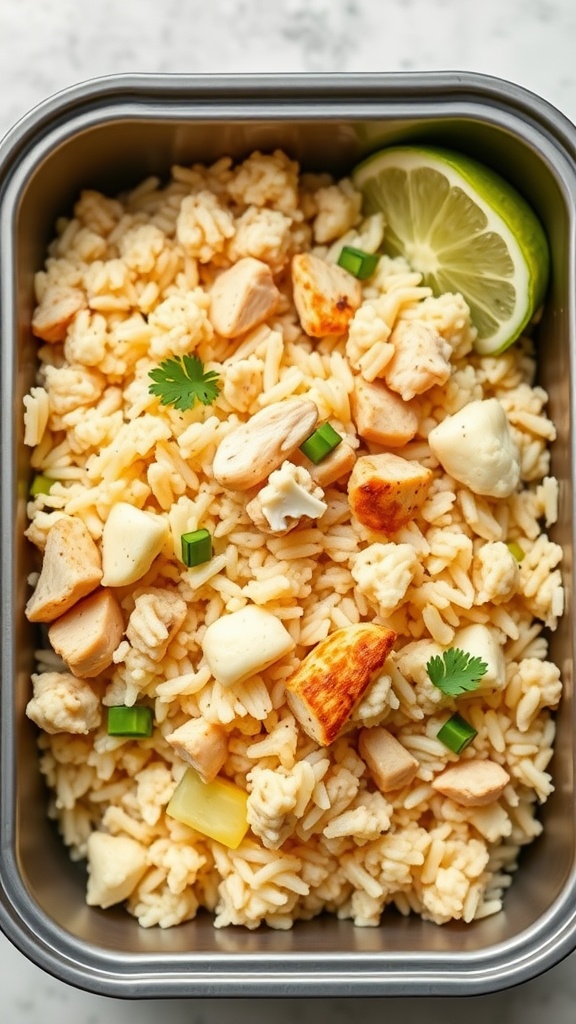 A container of cauliflower fried rice with chicken, garnished with cilantro and lime.