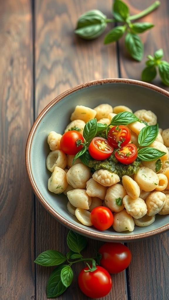 A bowl of cauliflower gnocchi with cherry tomatoes and basil on a wooden table.