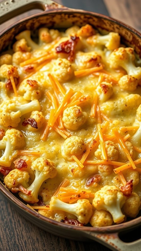 A casserole dish filled with cauliflower gratin topped with melted cheddar cheese and garnished with parsley.