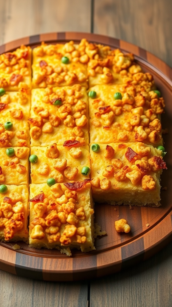 A plate of cauliflower hash brown casserole cut into squares, topped with green peas and bits of bacon.