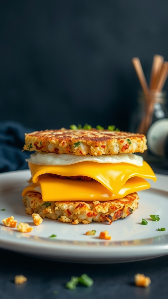 A delicious cauliflower hash brown sandwich with cheese and egg layers.