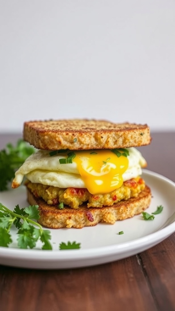 A delicious cauliflower hash brown sandwich with egg and herbs.