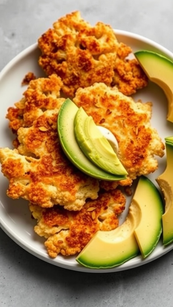 A plate of golden cauliflower hash browns with slices of avocado.