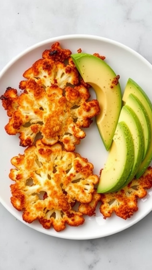 A plate of crispy cauliflower hash browns served with green apple slices.