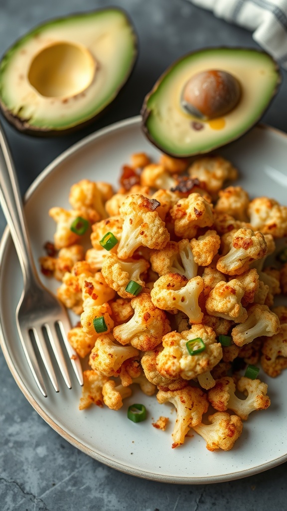 A plate of crispy cauliflower hash browns garnished with green onions, with halved avocados in the background.