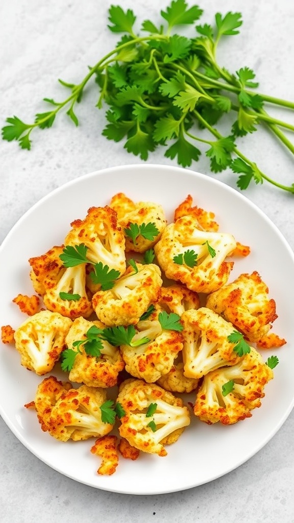 A plate of crispy cauliflower hash browns garnished with fresh cilantro.