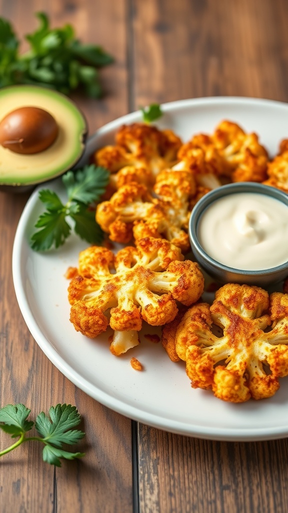 Plate of cauliflower hash browns with dipping sauce and fresh avocado.