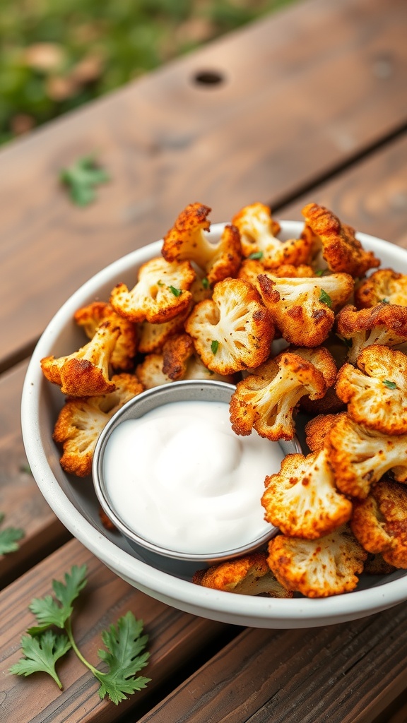 A bowl of crispy cauliflower hash browns with a small bowl of creamy dip.