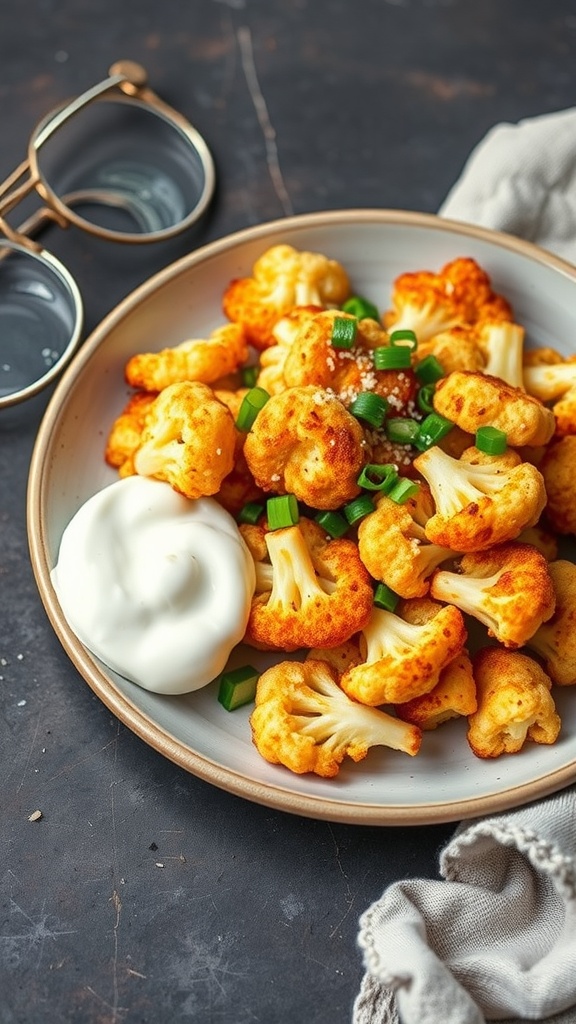 A plate of crispy cauliflower hash browns topped with green onions and a side of sour cream.