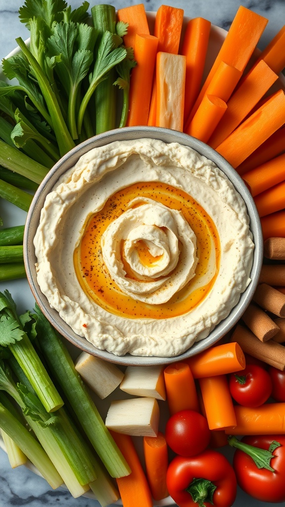 A bowl of cauliflower hummus surrounded by fresh vegetables including celery, carrots, and cherry tomatoes.