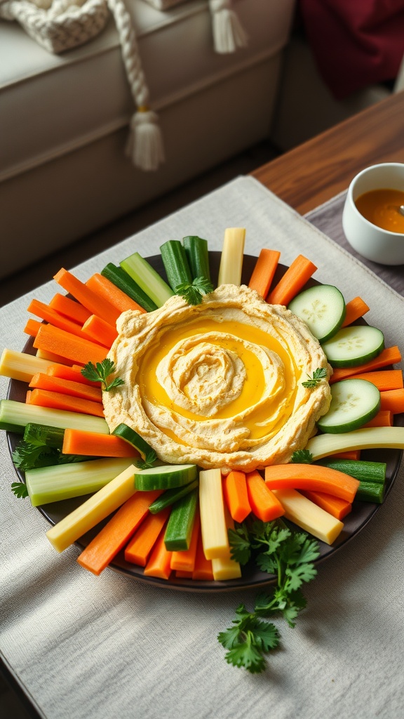 A plate of cauliflower hummus surrounded by colorful veggie sticks