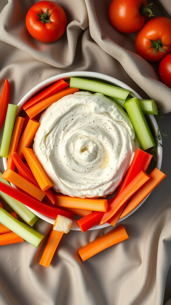 A bowl of creamy cauliflower hummus surrounded by colorful vegetable sticks including carrots and celery.