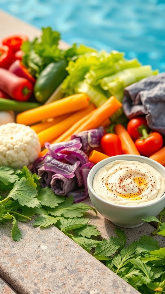 A bowl of cauliflower hummus surrounded by fresh vegetables like peppers, celery, and carrots.