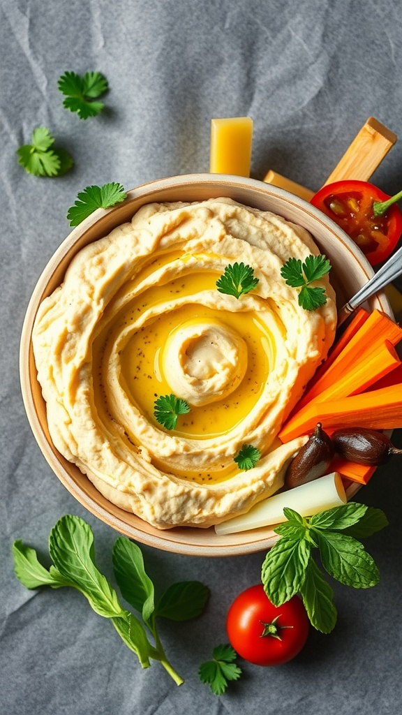 A bowl of creamy cauliflower hummus surrounded by fresh vegetables including carrots, tomatoes, and herbs.