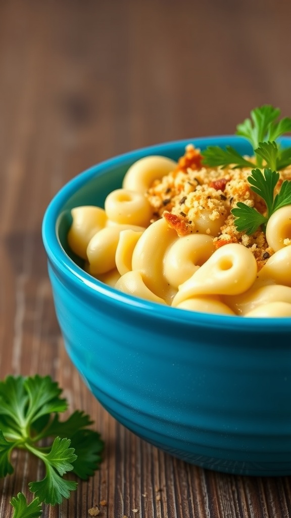 A bowl of creamy cauliflower mac and cheese with breadcrumbs and parsley garnished on top.