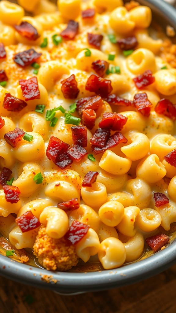 A creamy dish of cauliflower mac and cheese topped with crispy bits.