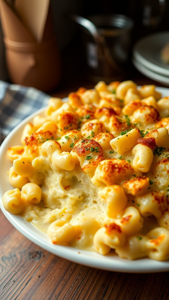 A serving of Cauliflower Mac and Cheese in a dish, showcasing cheesy, pasta-shaped cauliflower.